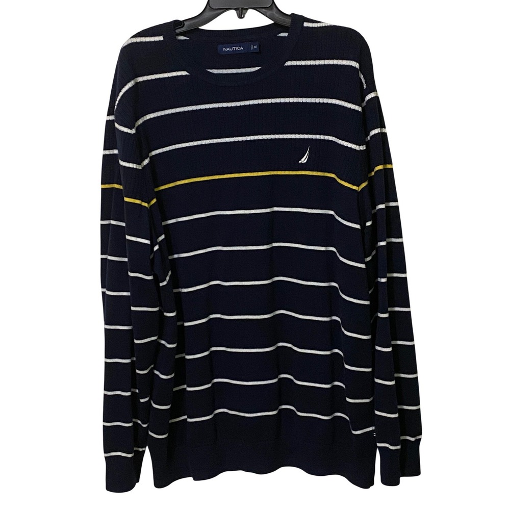 Nautica Navtech Striped Crewneck Sweater 2XLT Navy Blue Nautical Preppy Heritage